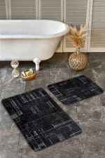 - Realhomes - Realhomes 2'li Set Siyah - Beyaz Zeminde Siyah Motifli Kilim Desenli Sade & Şık Klasik 2'li Banyo & Mutfak Paspas Takımı Realhomes