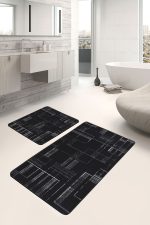 - PaspasTakimi-2li-Set1325-Gorsel-5 - Realhomes 2'li Set Siyah - Beyaz Zeminde Siyah Motifli Kilim Desenli Sade & Şık Klasik 2'li Banyo & Mutfak Paspas Takımı Realhomes