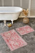 - Realhomes - Realhomes 2'li Set Kırmızı Zeminde Etnik Motifli Uşak Desenli Eskitme Motifli Avangarde 2'li Banyo & Mutfak Paspas Takımı Realhomes