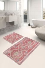 - PaspasTakimi-2li-Set1326-Gorsel-2 - Realhomes 2'li Set Kırmızı Zeminde Etnik Motifli Uşak Desenli Eskitme Motifli Avangarde 2'li Banyo & Mutfak Paspas Takımı Realhomes