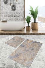 2'li Set Gri - Krem Zeminde Dokuma Motifli Eskitme Desenli Klasik Vintage  2'li Banyo & Mutfak Paspas Takımı Realhomes