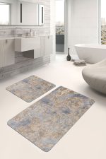 2'li Set Gri - Krem Zeminde Dokuma Motifli Eskitme Desenli Klasik Vintage  2'li Banyo & Mutfak Paspas Takımı Realhomes