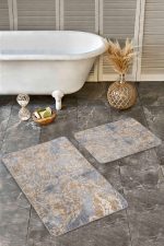 2'li Set Gri - Krem Zeminde Dokuma Motifli Eskitme Desenli Klasik Vintage  2'li Banyo & Mutfak Paspas Takımı Realhomes