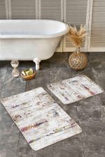 - Realhomes - Realhomes  2'li Set Krem Zeminde Örgü Motifli Eskitme Desenli Eskitme Motifli Sade & Şık  2'li Banyo & Mutfak Paspas Takımı Realhomes