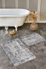 2'li Set Gri - Füme Zeminde Eskitme Motifli Duvar Desenli Eskitme Motifli Vintage  2'li Banyo & Mutfak Paspas Takımı Realhomes