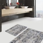 2'li Set Siyah - Füme Zeminde Dokuma Halı Motifli Mermer Desenli Klasik Sade & Şık  2'li Banyo & Mutfak Paspas Takımı Realhomes