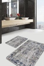 2'li Set Gri - Füme Zeminde Eskitme Motifli Duvar Desenli Eskitme Motifli Vintage  2'li Banyo & Mutfak Paspas Takımı Realhomes