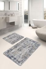 2'li Set Gri - Füme Zeminde Eskitme Motifli Duvar Desenli Eskitme Motifli Vintage  2'li Banyo & Mutfak Paspas Takımı Realhomes