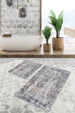 2'li Set Gri - Füme Zeminde Eskitme Motifli Duvar Desenli Eskitme Motifli Vintage  2'li Banyo & Mutfak Paspas Takımı Realhomes