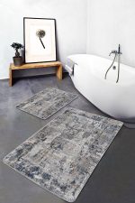 2'li Set Gri - Füme Zeminde Eskitme Motifli Duvar Desenli Eskitme Motifli Vintage  2'li Banyo & Mutfak Paspas Takımı Realhomes