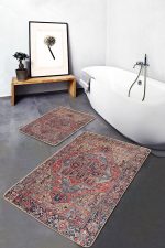 2'li Set Kırmızı Zeminde Antik Motifli Dokuma Desenli Avangarde Etnik Motifler  2'li Banyo & Mutfak Paspas Takımı Realhomes