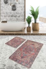2'li Set Kırmızı Zeminde Antik Motifli Dokuma Desenli Avangarde Etnik Motifler  2'li Banyo & Mutfak Paspas Takımı Realhomes