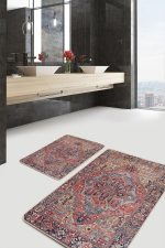 2'li Set Kırmızı Zeminde Antik Motifli Dokuma Desenli Avangarde Etnik Motifler  2'li Banyo & Mutfak Paspas Takımı Realhomes