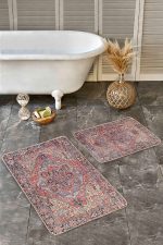 2'li Set Kırmızı Zeminde Antik Motifli Dokuma Desenli Avangarde Etnik Motifler  2'li Banyo & Mutfak Paspas Takımı Realhomes