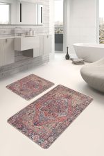 2'li Set Kırmızı Zeminde Antik Motifli Dokuma Desenli Avangarde Etnik Motifler  2'li Banyo & Mutfak Paspas Takımı Realhomes
