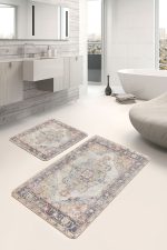 2'li Set Krem - Ekru Zeminde Göbekli Halı Motifli Hereke Desenli Eskitme Motifli Avangarde  2'li Banyo & Mutfak Paspas Takımı Realhomes