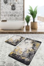 2'li Set Siyah - Hardal Zeminde Eskitme Motifli Halı Desenli Eskitme Motifli Vintage  2'li Banyo & Mutfak Paspas Takımı Realhomes