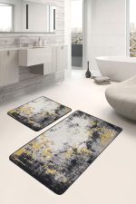 2'li Set Siyah - Hardal Zeminde Eskitme Motifli Halı Desenli Eskitme Motifli Vintage  2'li Banyo & Mutfak Paspas Takımı Realhomes