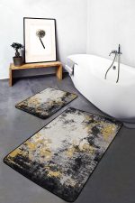 2'li Set Siyah - Hardal Zeminde Eskitme Motifli Halı Desenli Eskitme Motifli Vintage  2'li Banyo & Mutfak Paspas Takımı Realhomes