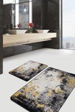 2'li Set Siyah - Hardal Zeminde Eskitme Motifli Halı Desenli Eskitme Motifli Vintage  2'li Banyo & Mutfak Paspas Takımı Realhomes
