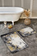 2'li Set Siyah - Hardal Zeminde Eskitme Motifli Halı Desenli Eskitme Motifli Vintage  2'li Banyo & Mutfak Paspas Takımı Realhomes