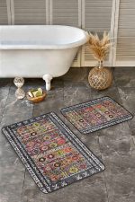 2'li Set Antika Zeminde Otantik Motifli Uşak Desenli Eskitme Motifli Etnik Motifler  2'li Banyo & Mutfak Paspas Takımı Realhomes