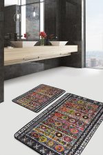 2'li Set Antika Zeminde Otantik Motifli Uşak Desenli Eskitme Motifli Etnik Motifler  2'li Banyo & Mutfak Paspas Takımı Realhomes