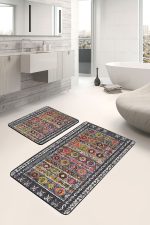 2'li Set Antika Zeminde Otantik Motifli Uşak Desenli Eskitme Motifli Etnik Motifler  2'li Banyo & Mutfak Paspas Takımı Realhomes