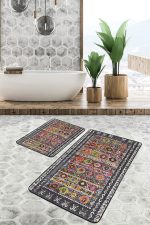 2'li Set Antika Zeminde Otantik Motifli Uşak Desenli Eskitme Motifli Etnik Motifler  2'li Banyo & Mutfak Paspas Takımı Realhomes