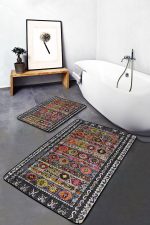 2'li Set Antika Zeminde Otantik Motifli Uşak Desenli Eskitme Motifli Etnik Motifler  2'li Banyo & Mutfak Paspas Takımı Realhomes
