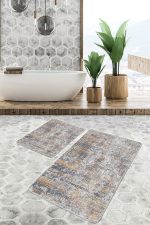 2'li Set Gri Zeminde Geleneksel Motifli Örgü Desenli Eskitme Motifli Vintage  2'li Banyo & Mutfak Paspas Takımı Realhomes