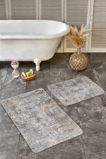 2'li Set Gri Zeminde Geleneksel Motifli Örgü Desenli Eskitme Motifli Vintage  2'li Banyo & Mutfak Paspas Takımı Realhomes