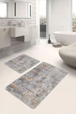 2'li Set Gri Zeminde Geleneksel Motifli Örgü Desenli Eskitme Motifli Vintage  2'li Banyo & Mutfak Paspas Takımı Realhomes