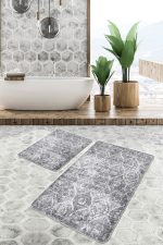 - PaspasTakimi-2li-Set1338-Gorsel-1 - Realhomes  2'li Set Gri Zeminde Eskitme Motifli Kilim Desenli Eskitme Motifli Vintage  2'li Banyo & Mutfak Paspas Takımı Realhomes