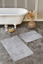 - Realhomes - Realhomes  2'li Set Gri Zeminde Dokuma Motifli Eskitme Desenli Eskitme Motifli Sade & Şık  2'li Banyo & Mutfak Paspas Takımı Realhomes