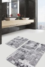 - PaspasTakimi-2li-Set1341-Gorsel-4 - Realhomes 2'li Set Siyah - Beyaz Zeminde Dokuma Halı Motifli Eskitme Desenli Eskitme Motifli Vintage 2'li Banyo & Mutfak Paspas Takımı Realhomes