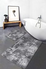 - PaspasTakimi-2li-Set1342-Gorsel-1 - Realhomes 2'li Set Gri Zeminde Eskitme Motifli Dokuma Halı Desenli Eskitme Motifli Vintage 2'li Banyo & Mutfak Paspas Takımı Realhomes