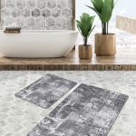 2'li Set Gri - Siyah Zeminde Çerçeveli Motifli Dokuma Desenli Geometrik Sade & Şık  2'li Banyo & Mutfak Paspas Takımı Realhomes