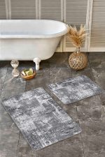 - Realhomes - Realhomes 2'li Set Gri Zeminde Eskitme Motifli Dokuma Halı Desenli Eskitme Motifli Vintage 2'li Banyo & Mutfak Paspas Takımı Realhomes