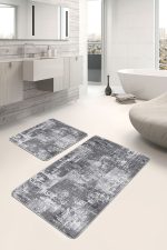 - PaspasTakimi-2li-Set1342-Gorsel-5 - Realhomes 2'li Set Gri Zeminde Eskitme Motifli Dokuma Halı Desenli Eskitme Motifli Vintage 2'li Banyo & Mutfak Paspas Takımı Realhomes