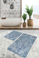 - PaspasTakimi-2li-Set1343-Gorsel-1 - Realhomes  2'li Set Mavi - Krem Zeminde Osmanlı Motifli Etnik Desenli Avangarde Vintage  2'li Banyo & Mutfak Paspas Takımı Realhomes