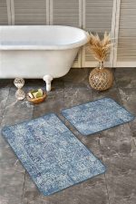 - Realhomes - Realhomes  2'li Set Mavi - Krem Zeminde Osmanlı Motifli Etnik Desenli Avangarde Vintage  2'li Banyo & Mutfak Paspas Takımı Realhomes