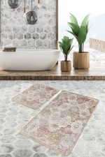 - PaspasTakimi-2li-Set1344-Gorsel-1 - Realhomes 2'li Set Krem - Ekru Zeminde Hereke Motifli Yöresel Desenli Etnik Motifler Vintage 2'li Banyo & Mutfak Paspas Takımı Realhomes