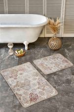 - Realhomes - Realhomes 2'li Set Krem - Ekru Zeminde Hereke Motifli Yöresel Desenli Etnik Motifler Vintage 2'li Banyo & Mutfak Paspas Takımı Realhomes