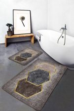 2'li Set Kahverengi Zeminde Altıgen Motifli Geometrik Desenli Geometrik Klasik  2'li Banyo & Mutfak Paspas Takımı Realhomes