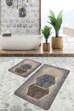 2'li Set Kahverengi Zeminde Altıgen Motifli Geometrik Desenli Geometrik Klasik  2'li Banyo & Mutfak Paspas Takımı Realhomes