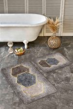 2'li Set Kahverengi Zeminde Altıgen Motifli Geometrik Desenli Geometrik Klasik  2'li Banyo & Mutfak Paspas Takımı Realhomes