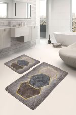 2'li Set Kahverengi Zeminde Altıgen Motifli Geometrik Desenli Geometrik Klasik  2'li Banyo & Mutfak Paspas Takımı Realhomes