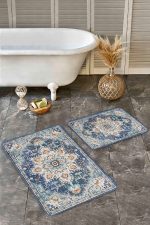 2'li Set Mavi Zeminde Otantik Motifli Uşak Desenli Avangarde Etnik Motifler  2'li Banyo & Mutfak Paspas Takımı Realhomes