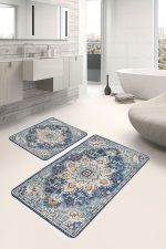 2'li Set Mavi Zeminde Otantik Motifli Uşak Desenli Avangarde Etnik Motifler  2'li Banyo & Mutfak Paspas Takımı Realhomes